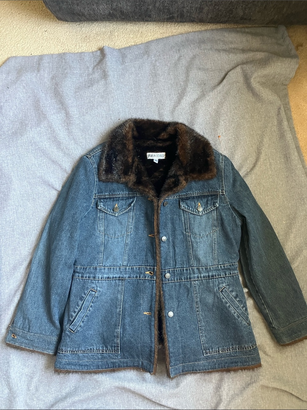 Vintage Marvin Richards Dark Blue Denim Jacket with Brown Faux Fur Trim Size XL